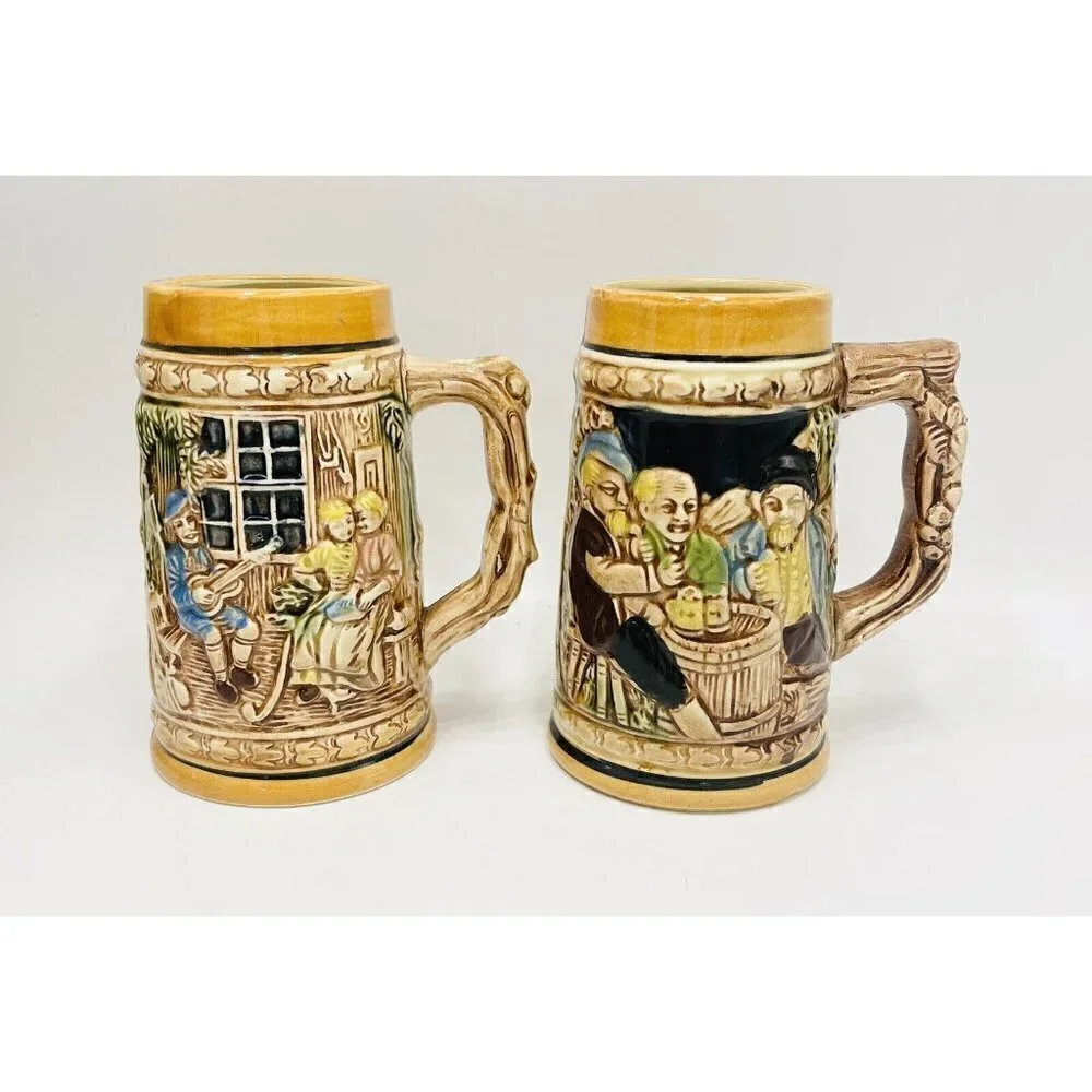 Bavarian Style Beer Steins 6” Ceramic Lieb Und Lied Japan Vintage Barware Beer